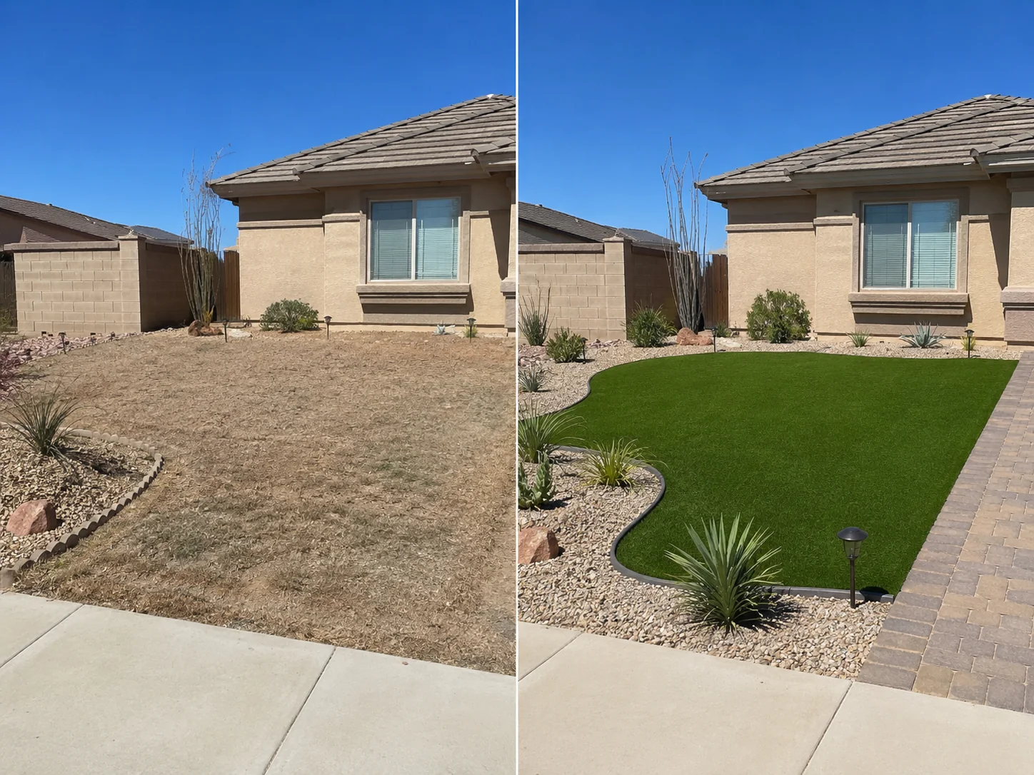 Dead lawn before artificial turf installation and the same Henderson yard after conversion