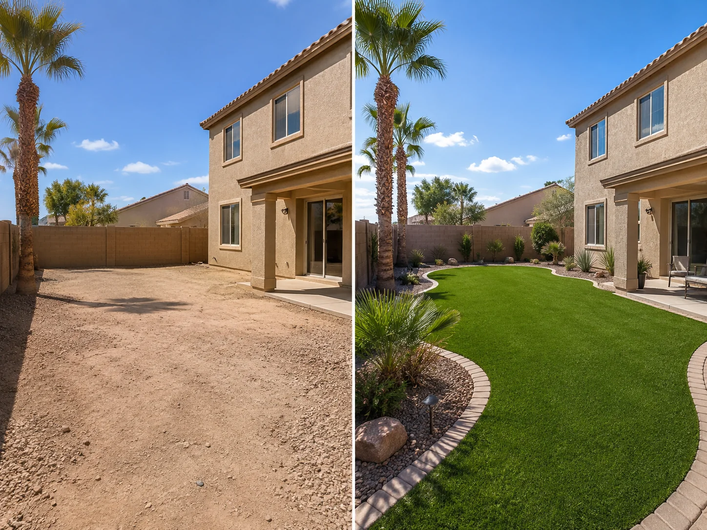 Henderson back yard before and after artificial turf installation