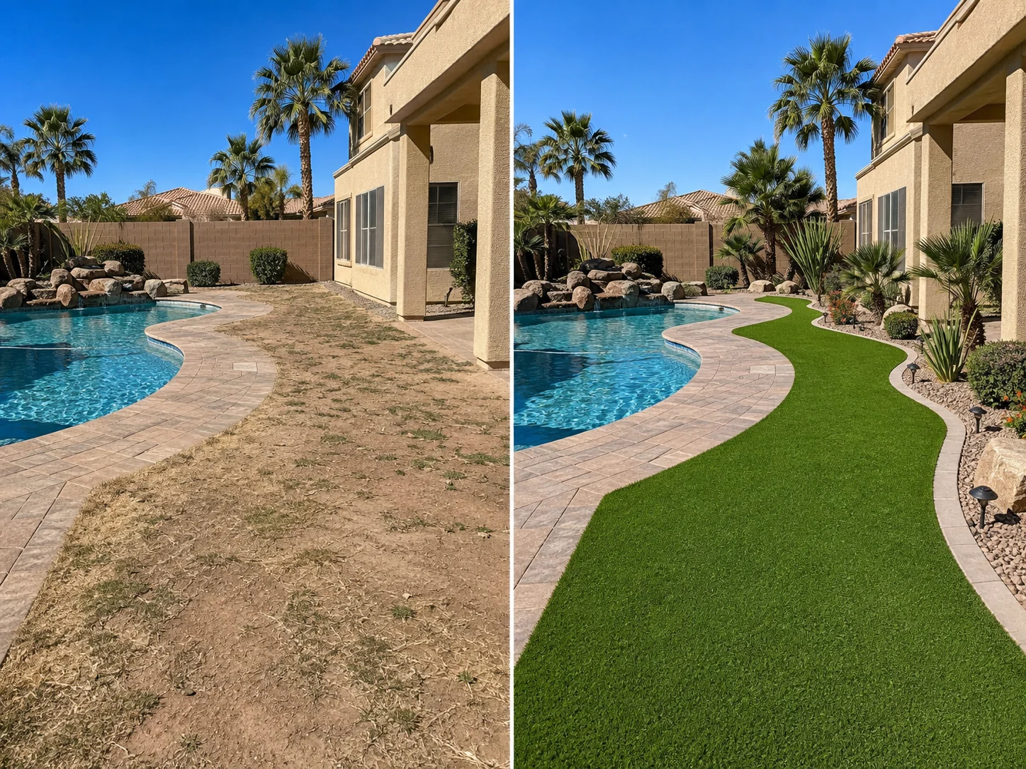 Pool surround before and after artificial turf