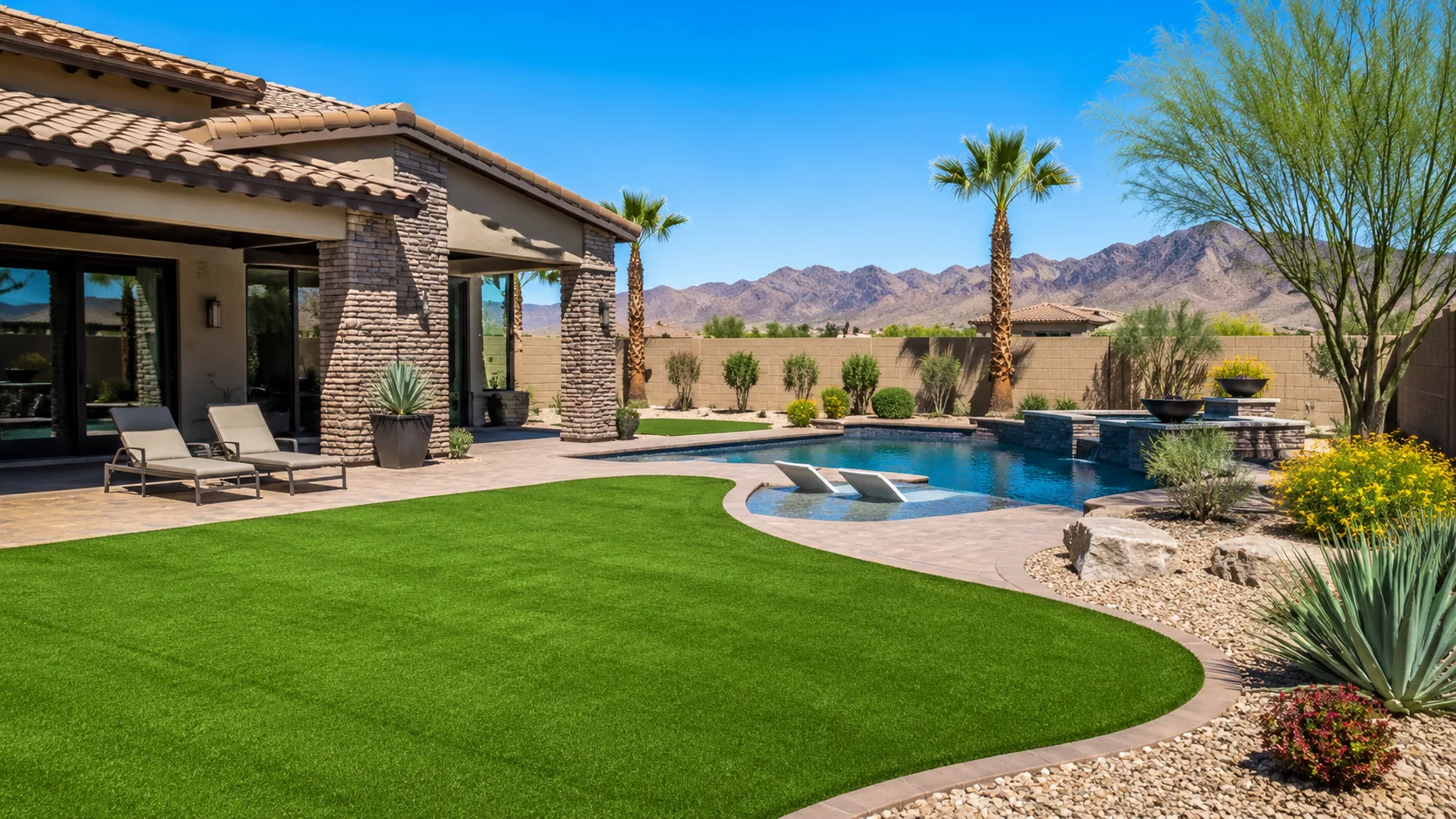 Artificial turf lawn and pool in a Henderson, Nevada back yard