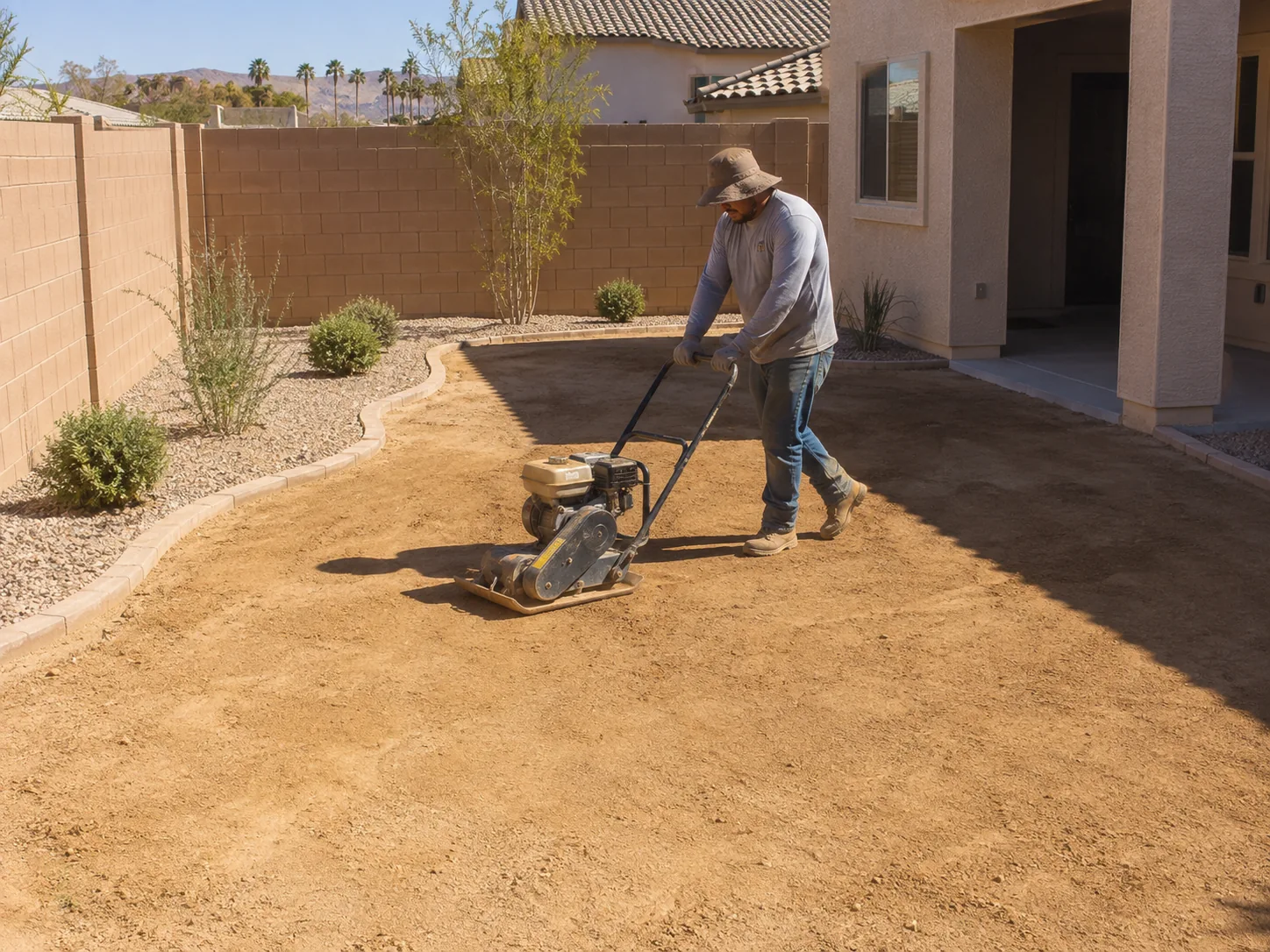 Crew compacting the base for an artificial turf installation in Henderson